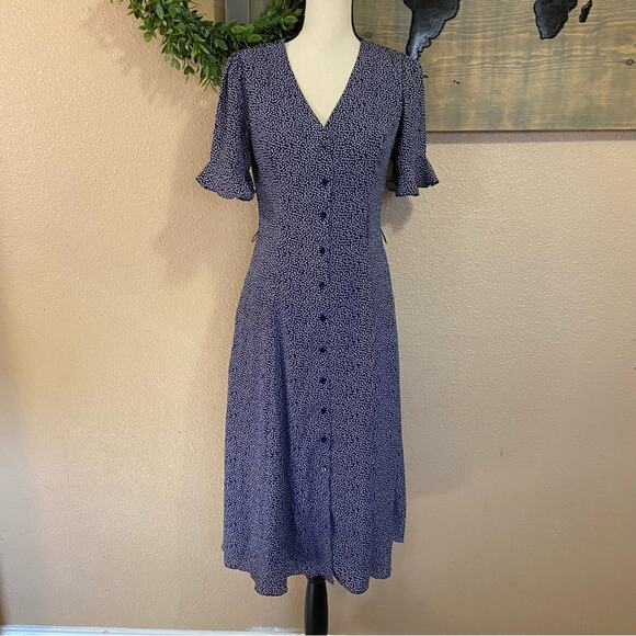Lulus Flirty Frolic Navy Blue Print Button-Up Midi Dress - Picture 2 of 11
